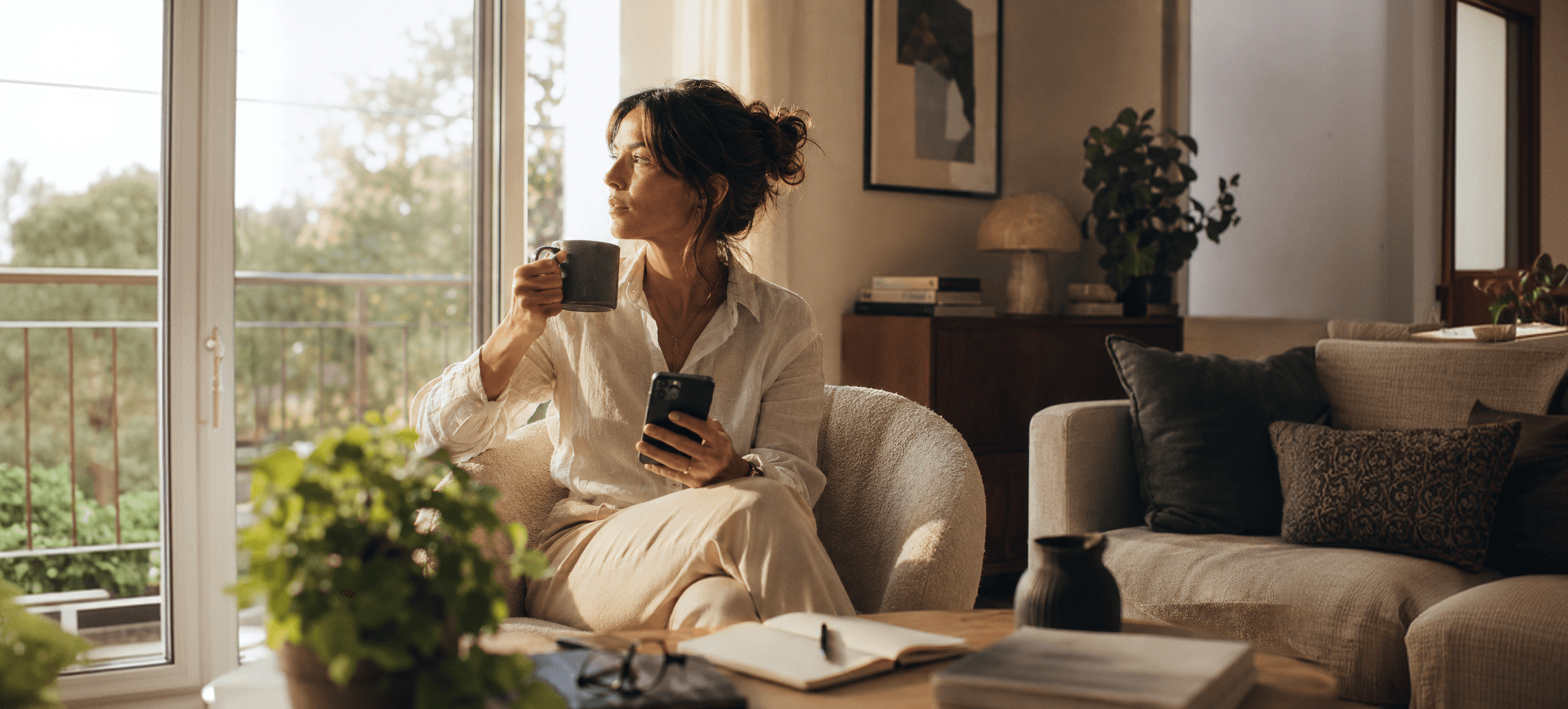 Une femme consultant LibertyPat depuis son salon